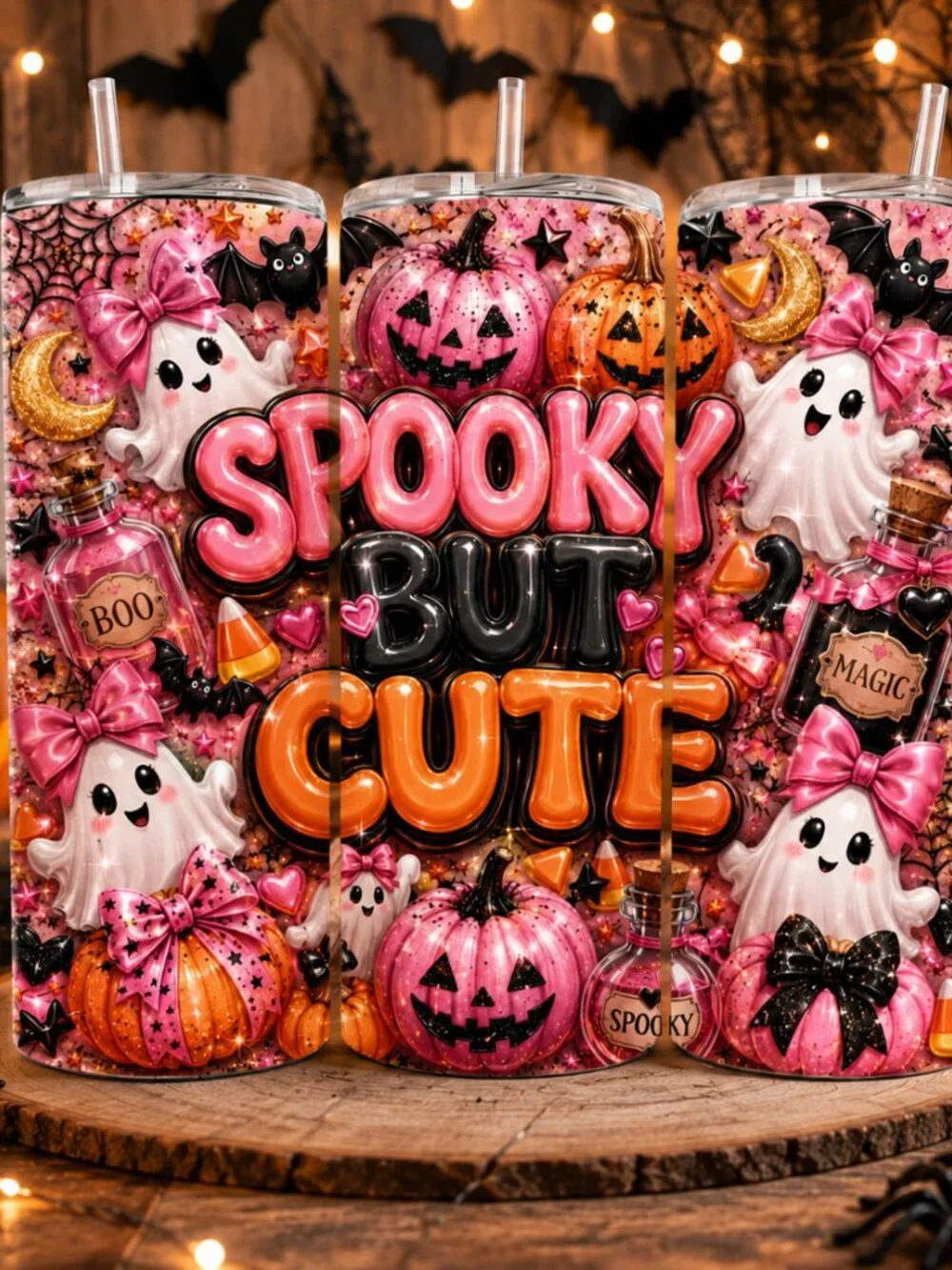 Spooky But Cute Halloween Tumbler, Pink Ghost 20oz Skinny Tumbler